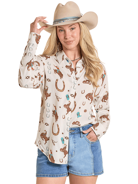 Rock & Roll Denim BWB2S08133 Womens Printed Long Sleeve Shirt White front view. If you need any assistance with this item or the purchase of this item please call us at five six one seven four eight eight eight zero one Monday through Saturday 10:00a.m EST to 8:00 p.m EST