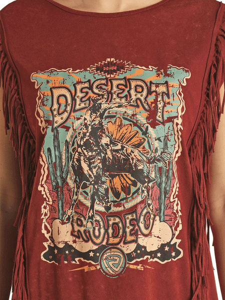 Rock & Roll Denim BWD0R02688 Womens Desert Rodeo Graphic Fringe Dress Burgundy close up view of graphic on front. If you need any assistance with this item or the purchase of this item please call us at five six one seven four eight eight eight zero one Monday through Saturday 10:00a.m EST to 8:00 p.m EST