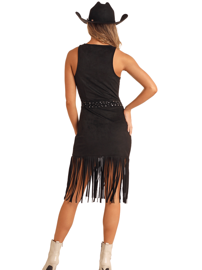 Rock & Roll Denim BWD0R05279 Womens Microsuede Fringe Dress Black front view. If you need any assistance with this item or the purchase of this item please call us at five six one seven four eight eight eight zero one Monday through Saturday 10:00a.m EST to 8:00 p.m EST