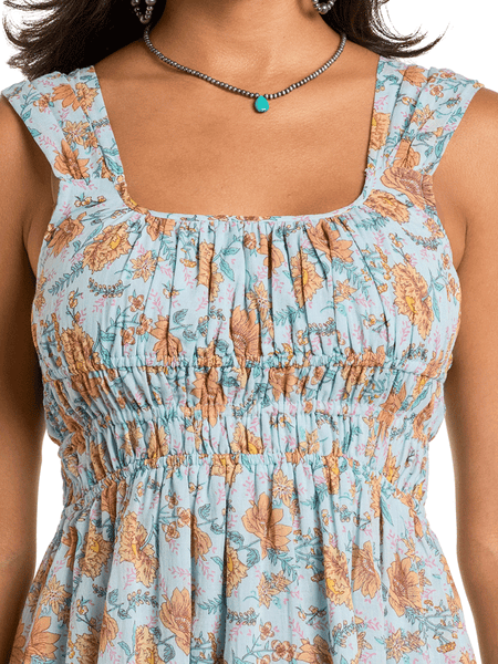 Rock & Roll Denim BWD0R06271 Womens Floral Mini Dress With Gathers Light Blue front close up view. If you need any assistance with this item or the purchase of this item please call us at five six one seven four eight eight eight zero one Monday through Saturday 10:00a.m EST to 8:00 p.m EST