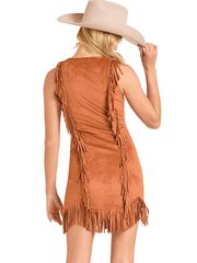 Rock & Roll Denim BWD0R06999-CPR Womens Microsuede Fringe Dress Copper back view. If you need any assistance with this item or the purchase of this item please call us at five six one seven four eight eight eight zero one Monday through Saturday 10:00a.m EST to 8:00 p.m EST