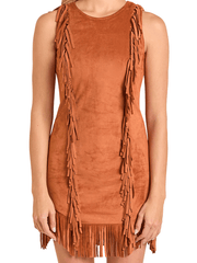 Rock & Roll Denim BWD0R06999-CPR Womens Microsuede Fringe Dress Copper front close up. If you need any assistance with this item or the purchase of this item please call us at five six one seven four eight eight eight zero one Monday through Saturday 10:00a.m EST to 8:00 p.m EST