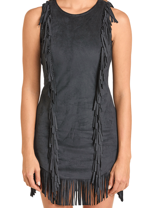 Rock & Roll Denim BWD0R06999-BLK Womens Microsuede Fringe Dress Black front close up. If you need any assistance with this item or the purchase of this item please call us at five six one seven four eight eight eight zero one Monday through Saturday 10:00a.m EST to 8:00 p.m EST
