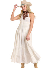 Rock & Roll Denim BWD0R08108-WH Womens Eyelet Halter Maxi Dress White front view. If you need any assistance with this item or the purchase of this item please call us at five six one seven four eight eight eight zero one Monday through Saturday 10:00a.m EST to 8:00 p.m EST
