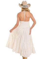 Rock & Roll Denim BWD0R08108-WH Womens Eyelet Halter Maxi Dress White back view. If you need any assistance with this item or the purchase of this item please call us at five six one seven four eight eight eight zero one Monday through Saturday 10:00a.m EST to 8:00 p.m EST