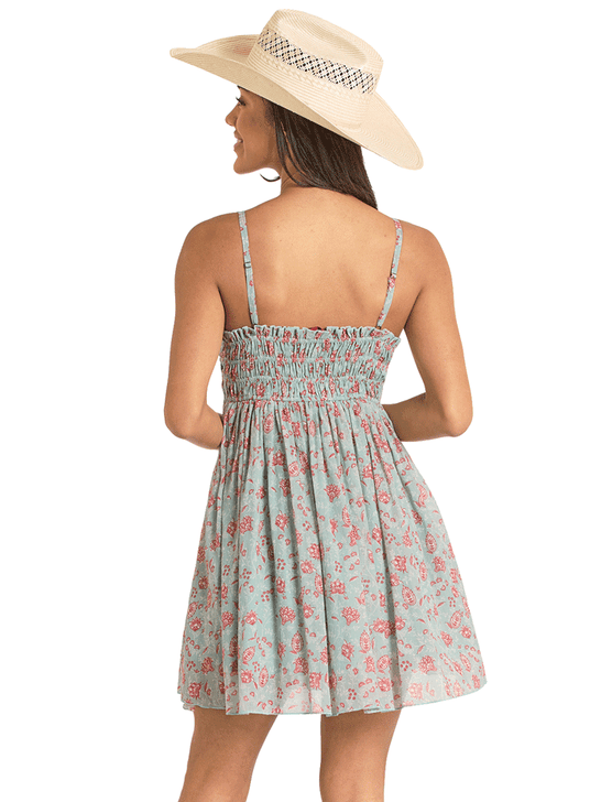 Rock & Roll Denim BWD0R08134 Womens Floral Print Mini Dress Sky Blue back view. If you need any assistance with this item or the purchase of this item please call us at five six one seven four eight eight eight zero one Monday through Saturday 10:00a.m EST to 8:00 p.m EST
