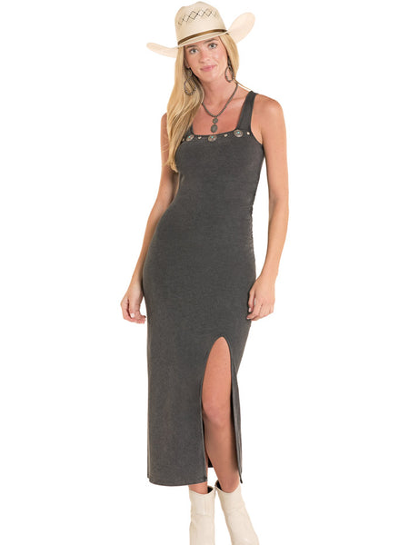 Rock & Roll Denim BWD0R08804 Womens Conch Studded Rib Knit Midi Dress Black front view. If you need any assistance with this item or the purchase of this item please call us at five six one seven four eight eight eight zero one Monday through Saturday 10:00a.m EST to 8:00 p.m EST
