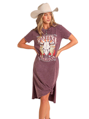 Rock & Roll Denim BWD1R04540 Womens Western Graphic Maxi Dress Purple front view. If you need any assistance with this item or the purchase of this item please call us at five six one seven four eight eight eight zero one Monday through Saturday 10:00a.m EST to 8:00 p.m EST