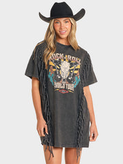 Rock & Roll Denim BWD1R04543 Womens Graphic Dress With Fringe Black front view. If you need any assistance with this item or the purchase of this item please call us at five six one seven four eight eight eight zero one Monday through Saturday 10:00a.m EST to 8:00 p.m EST