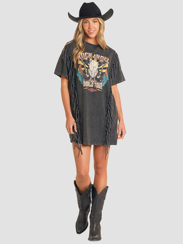 Rock & Roll Denim BWD1R04543 Womens Graphic Dress With Fringe Black front view. If you need any assistance with this item or the purchase of this item please call us at five six one seven four eight eight eight zero one Monday through Saturday 10:00a.m EST to 8:00 p.m EST