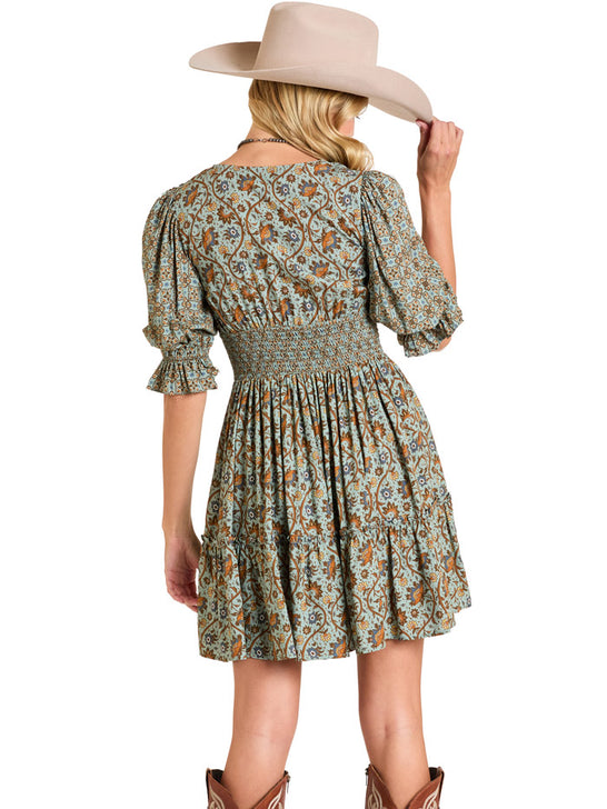 Rock & Roll Denim BWD1R06957 Womens Mixed Print Mini Dress Olive back view. If you need any assistance with this item or the purchase of this item please call us at five six one seven four eight eight eight zero one Monday through Saturday 10:00a.m EST to 8:00 p.m EST