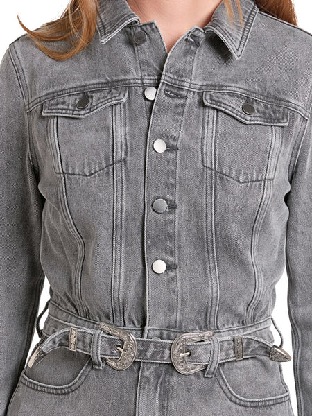  Rock & Roll Denim BWD2D09778 Womens Buckle Long Sleeve Dress Charcoal close up. If you need any assistance with this item or the purchase of this item please call us at five six one seven four eight eight eight zero one Monday through Saturday 10:00a.m EST to 8:00 p.m EST