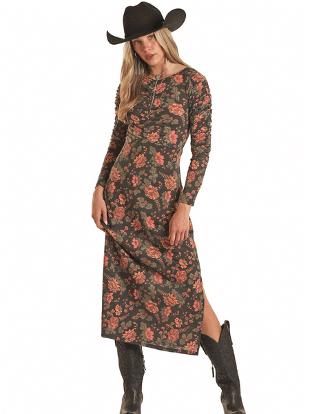 Rock & Roll Denim BWD2R02732 Womens Ruched Floral Dress Black front view. If you need any assistance with this item or the purchase of this item please call us at five six one seven four eight eight eight zero one Monday through Saturday 10:00a.m EST to 8:00 p.m EST