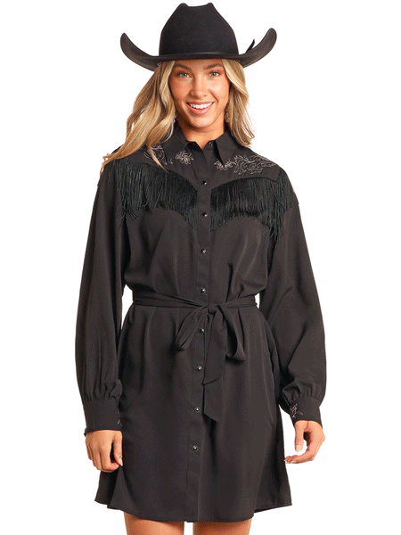 Rock & Roll Denim BWD2R04473 Womens Embroidered Dress With Fringe Black front view. If you need any assistance with this item or the purchase of this item please call us at five six one seven four eight eight eight zero one Monday through Saturday 10:00a.m EST to 8:00 p.m EST

