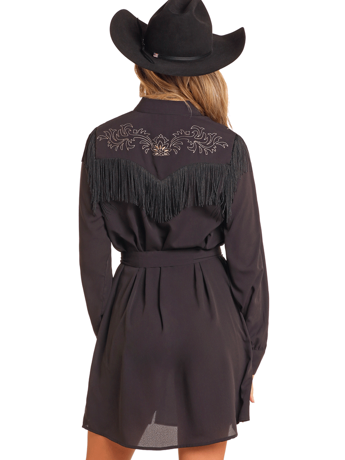 Rock & Roll Denim BWD2R04473 Womens Embroidered Dress With Fringe Black front view. If you need any assistance with this item or the purchase of this item please call us at five six one seven four eight eight eight zero one Monday through Saturday 10:00a.m EST to 8:00 p.m EST

