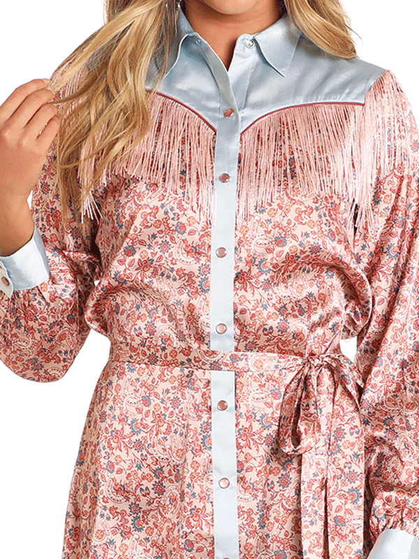 Rock & Roll Denim BWD2R04511 Womens Printed Satin Dress With Fringe Rose Mauve front view. If you need any assistance with this item or the purchase of this item please call us at five six one seven four eight eight eight zero one Monday through Saturday 10:00a.m EST to 8:00 p.m EST
