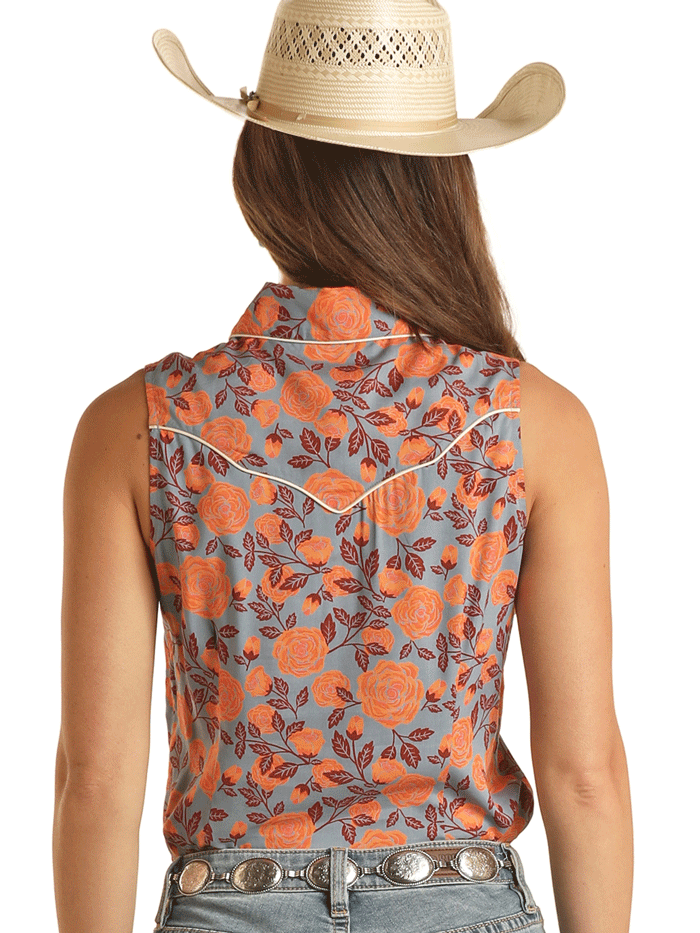 Rock & Roll Denim BWN0S03262 Womens Floral Sleeveless Snap Shirt Orange front view. If you need any assistance with this item or the purchase of this item please call us at five six one seven four eight eight eight zero one Monday through Saturday 10:00a.m EST to 8:00 p.m EST