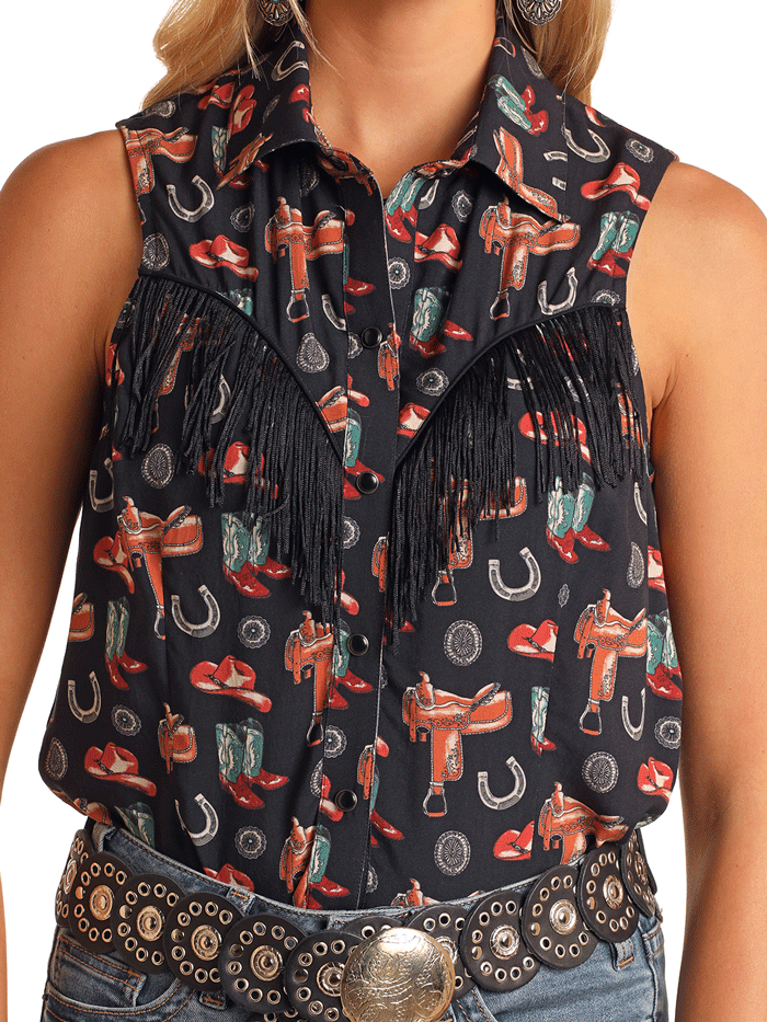 Rock & Roll Denim BWN0S05870 Womens Sleeveless Coversational Snap Fringe Shirt Black front view. If you need any assistance with this item or the purchase of this item please call us at five six one seven four eight eight eight zero one Monday through Saturday 10:00a.m EST to 8:00 p.m EST