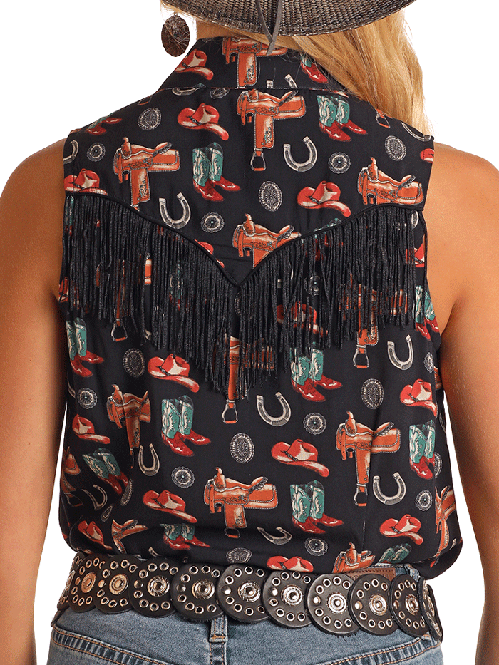 Rock & Roll Denim BWN0S05870 Womens Sleeveless Coversational Snap Fringe Shirt Black front view. If you need any assistance with this item or the purchase of this item please call us at five six one seven four eight eight eight zero one Monday through Saturday 10:00a.m EST to 8:00 p.m EST