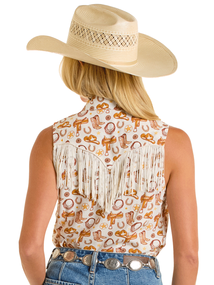 Rock & Roll Denim BWN0S06281 Womens Sleeveless Coversational Snap Fringe Shirt Natural front view. If you need any assistance with this item or the purchase of this item please call us at five six one seven four eight eight eight zero one Monday through Saturday 10:00a.m EST to 8:00 p.m EST

