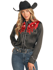 Rock & Roll Denim BWN2S04475 Womens Retro Shirt With Flames Black front view. If you need any assistance with this item or the purchase of this item please call us at five six one seven four eight eight eight zero one Monday through Saturday 10:00a.m EST to 8:00 p.m EST

