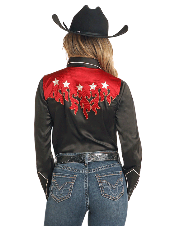 Rock & Roll Denim BWN2S04475 Womens Retro Shirt With Flames Black back view. If you need any assistance with this item or the purchase of this item please call us at five six one seven four eight eight eight zero one Monday through Saturday 10:00a.m EST to 8:00 p.m EST

