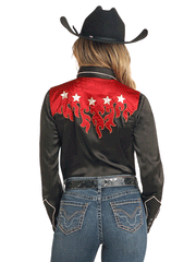 Rock & Roll Denim BWN2S04475 Womens Retro Shirt With Flames Black back view. If you need any assistance with this item or the purchase of this item please call us at five six one seven four eight eight eight zero one Monday through Saturday 10:00a.m EST to 8:00 p.m EST

