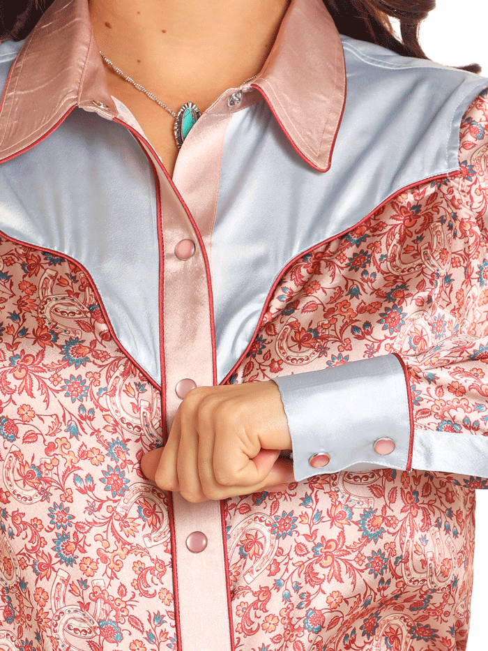 Rock & Roll Denim BWN2S04511 Womens Printed Satin Shirt Rose Mauve front view. If you need any assistance with this item or the purchase of this item please call us at five six one seven four eight eight eight zero one Monday through Saturday 10:00a.m EST to 8:00 p.m EST