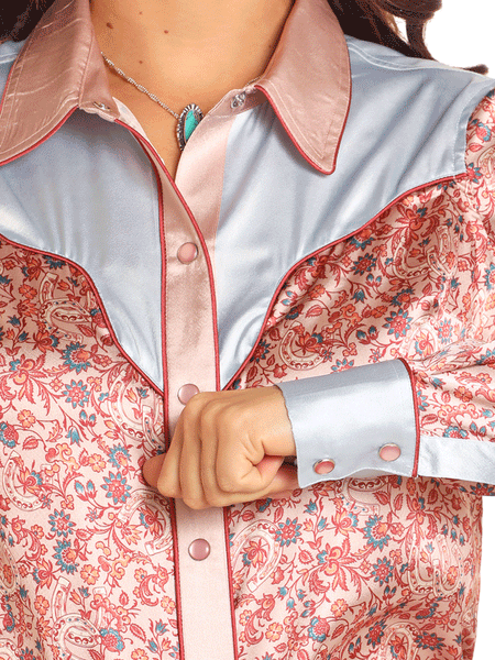 Rock & Roll Denim BWN2S04511 Womens Printed Satin Shirt Rose Mauve cuff close up view.If you need any assistance with this item or the purchase of this item please call us at five six one seven four eight eight eight zero one Monday through Saturday 10:00a.m EST to 8:00 p.m EST