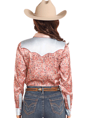 Rock & Roll Denim BWN2S04511 Womens Printed Satin Shirt Rose Mauve back view. If you need any assistance with this item or the purchase of this item please call us at five six one seven four eight eight eight zero one Monday through Saturday 10:00a.m EST to 8:00 p.m EST