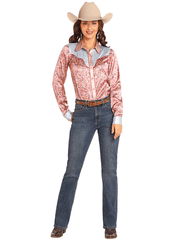 Rock & Roll Denim BWN2S04511 Womens Printed Satin Shirt Rose Mauve full front view. If you need any assistance with this item or the purchase of this item please call us at five six one seven four eight eight eight zero one Monday through Saturday 10:00a.m EST to 8:00 p.m EST