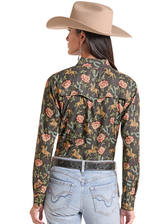 Rock & Roll Denim BWN2S09764 Womens Tek Western Floral Print Long Sleeve Shirt Black back view. If you need any assistance with this item or the purchase of this item please call us at five six one seven four eight eight eight zero one Monday through Saturday 10:00a.m EST to 8:00 p.m EST