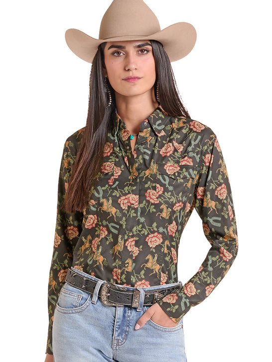 Rock & Roll Denim BWN2S09764 Womens Tek Western Floral Print Long Sleeve Shirt Black front view. If you need any assistance with this item or the purchase of this item please call us at five six one seven four eight eight eight zero one Monday through Saturday 10:00a.m EST to 8:00 p.m EST