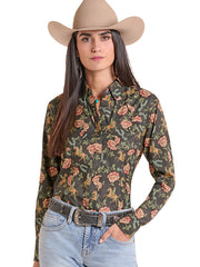 Rock & Roll Denim BWN2S09764 Womens Tek Western Floral Print Long Sleeve Shirt Black front view. If you need any assistance with this item or the purchase of this item please call us at five six one seven four eight eight eight zero one Monday through Saturday 10:00a.m EST to 8:00 p.m EST