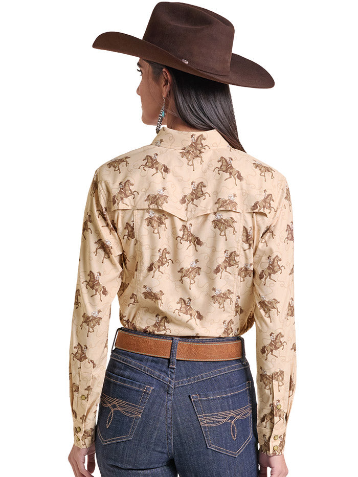 Rock & Roll Denim BWN2S09766 Womens Tek Western Cowboy Print Long Sleeve Shirt Natural front view. If you need any assistance with this item or the purchase of this item please call us at five six one seven four eight eight eight zero one Monday through Saturday 10:00a.m EST to 8:00 p.m EST
