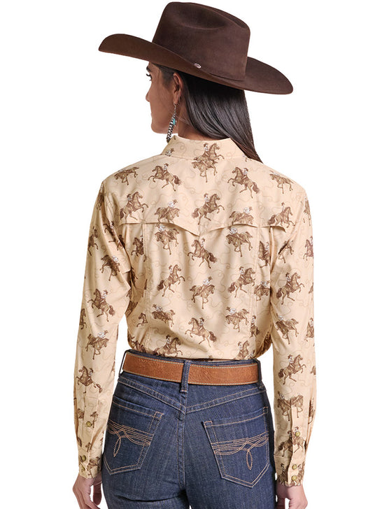 Rock & Roll Denim BWN2S09766 Womens Tek Western Cowboy Print Long Sleeve Shirt Natural back view. If you need any assistance with this item or the purchase of this item please call us at five six one seven four eight eight eight zero one Monday through Saturday 10:00a.m EST to 8:00 p.m EST