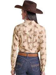 Rock & Roll Denim BWN2S09766 Womens Tek Western Cowboy Print Long Sleeve Shirt Natural back view. If you need any assistance with this item or the purchase of this item please call us at five six one seven four eight eight eight zero one Monday through Saturday 10:00a.m EST to 8:00 p.m EST