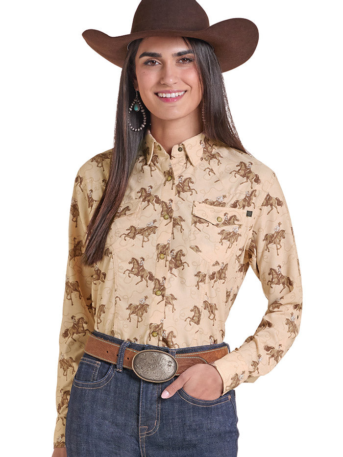 Rock & Roll Denim BWN2S09766 Womens Tek Western Cowboy Print Long Sleeve Shirt Natural front view. If you need any assistance with this item or the purchase of this item please call us at five six one seven four eight eight eight zero one Monday through Saturday 10:00a.m EST to 8:00 p.m EST

