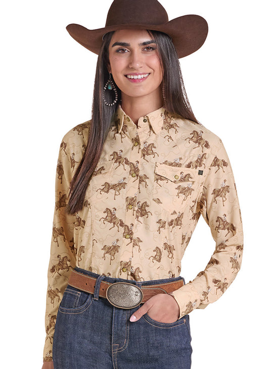Rock & Roll Denim BWN2S09766 Womens Tek Western Cowboy Print Long Sleeve Shirt Natural front view. If you need any assistance with this item or the purchase of this item please call us at five six one seven four eight eight eight zero one Monday through Saturday 10:00a.m EST to 8:00 p.m EST
