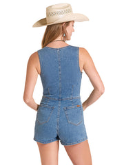 Rock & Roll Denim BWR2D09106 Womens Sleeveless Vest Romper Denim back view. If you need any assistance with this item or the purchase of this item please call us at five six one seven four eight eight eight zero one Monday through Saturday 10:00a.m EST to 8:00 p.m EST