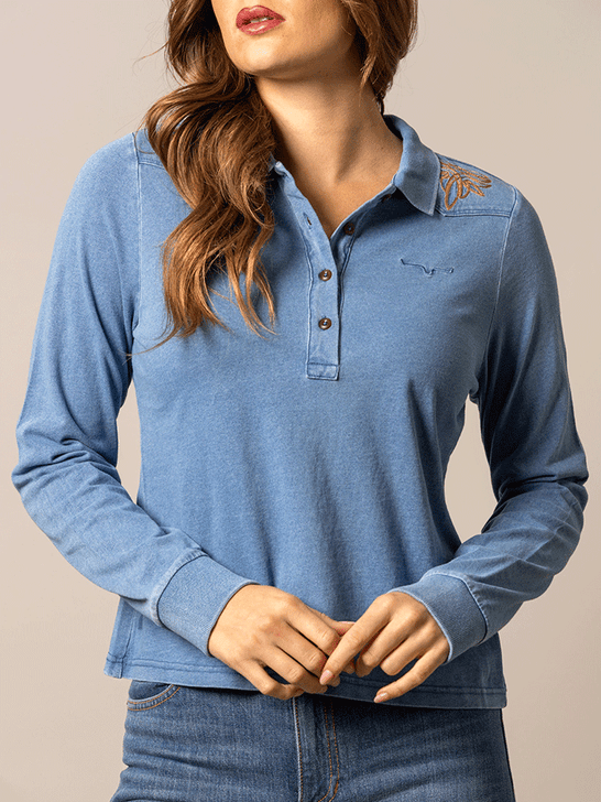 Kimes Ranch BLUEBELL Womens Embroidered Long Sleeve Polo Indigo front view. If you need any assistance with this item or the purchase of this item please call us at five six one seven four eight eight eight zero one Monday through Saturday 10:00a.m EST to 8:00 p.m EST