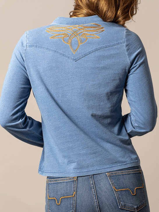 Kimes Ranch BLUEBELL Womens Embroidered Long Sleeve Polo Indigo back view. If you need any assistance with this item or the purchase of this item please call us at five six one seven four eight eight eight zero one Monday through Saturday 10:00a.m EST to 8:00 p.m EST