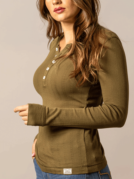 Kimes Ranch BREE Womens Long Sleeve Henley Dark Olive side view. If you need any assistance with this item or the purchase of this item please call us at five six one seven four eight eight eight zero one Monday through Saturday 10:00a.m EST to 8:00 p.m EST