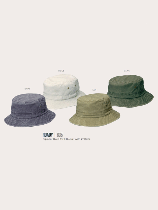 Dorfman Pacific 835 ROADY Twill Bucket Hats in navy, beige, tan or olive. If you need any assistance with this item or the purchase of this item please call us at five six one seven four eight eight eight zero one Monday through Saturday 10:00a.m EST to 8:00 p.m EST