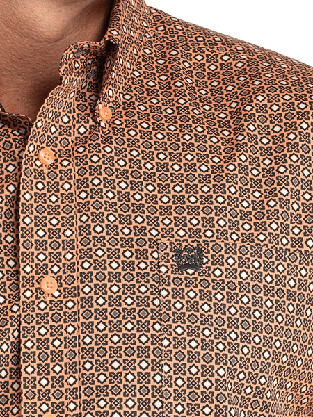 Cinch MTW1105962 Mens Long Sleeve Geometric Print Shirt Coral close up. If you need any assistance with this item or the purchase of this item please call us at five six one seven four eight eight eight zero one Monday through Saturday 10:00a.m EST to 8:00 p.m EST