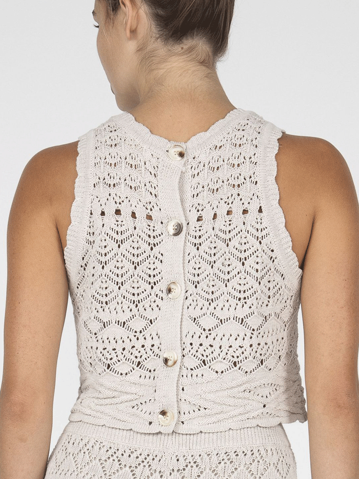 Miss Me MSW0387T Womens Crop Crochet Tank Natural front close up view. If you need any assistance with this item or the purchase of this item please call us at five six one seven four eight eight eight zero one Monday through Saturday 10:00a.m EST to 8:00 p.m EST