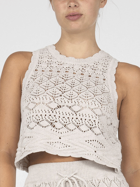 Miss Me MSW0387T Womens Crop Crochet Tank Natural front close up view. If you need any assistance with this item or the purchase of this item please call us at five six one seven four eight eight eight zero one Monday through Saturday 10:00a.m EST to 8:00 p.m EST