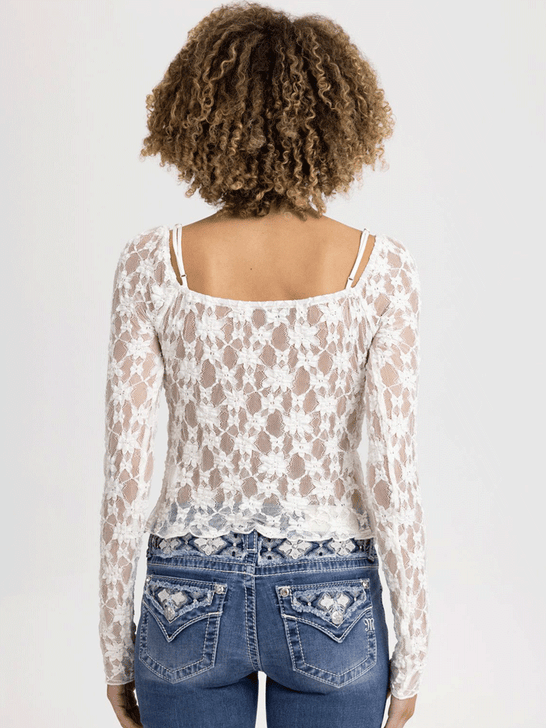 Miss Me BMT0126L Womens Cropped Lace Cardigan With Ruffle Cream back view. If you need any assistance with this item or the purchase of this item please call us at five six one seven four eight eight eight zero one Monday through Saturday 10:00a.m EST to 8:00 p.m EST