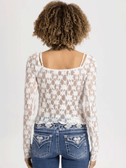 Miss Me BMT0126L Womens Cropped Lace Cardigan With Ruffle Cream back view. If you need any assistance with this item or the purchase of this item please call us at five six one seven four eight eight eight zero one Monday through Saturday 10:00a.m EST to 8:00 p.m EST