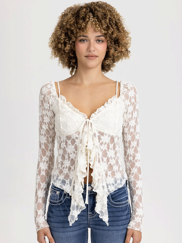 Miss Me BMT0126L Womens Cropped Lace Cardigan With Ruffle Cream front view. If you need any assistance with this item or the purchase of this item please call us at five six one seven four eight eight eight zero one Monday through Saturday 10:00a.m EST to 8:00 p.m EST
